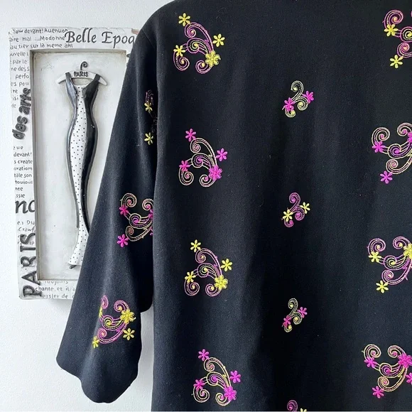 Vintage Black Japanese Haori Pink And Yellow Floral Embroidered Boho Duster - Picture 9 of 12